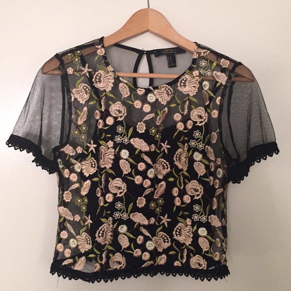 Embroidered Mesh top with Lace hem size medium